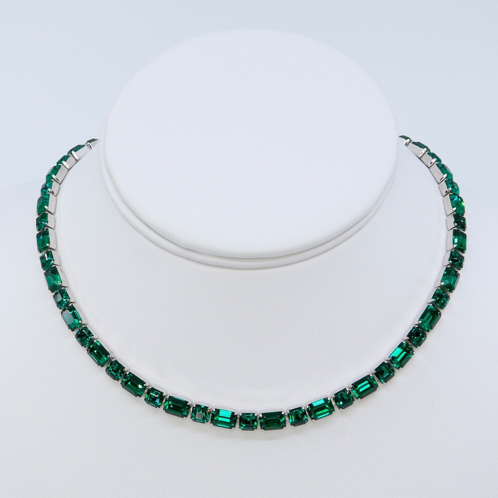 Vintage Mazer Bros Emerald Green Rhinestone Rhodium Plated Choker Necklace 1940s